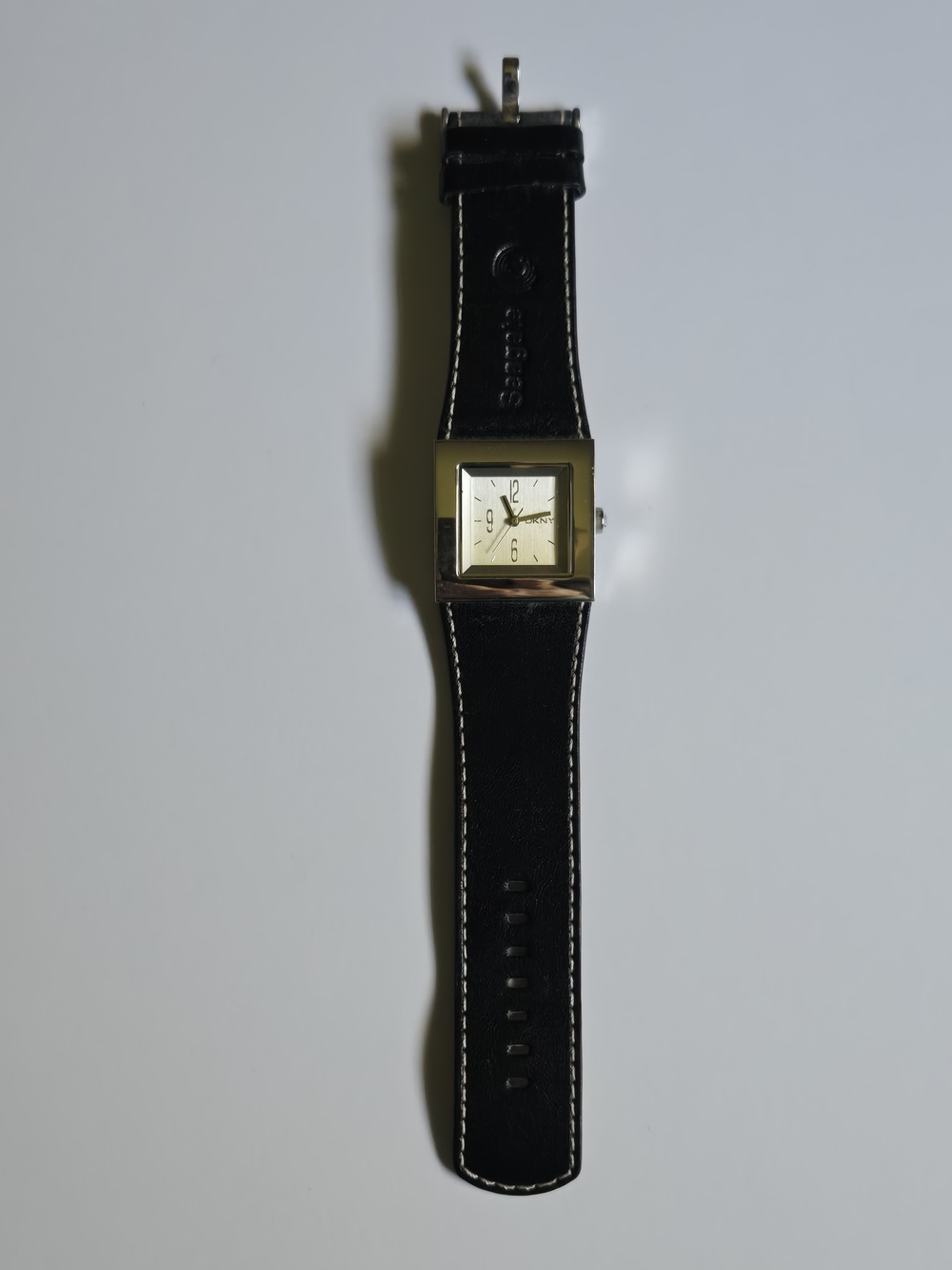Dkny Black Leather Strap Watch with Gold-Tone Square Dial
